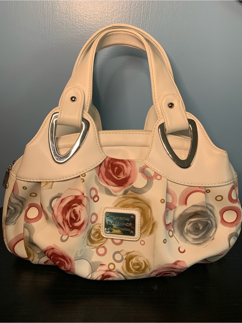 Floral White Shoulder Bag with Rose Print and Silver Accents
